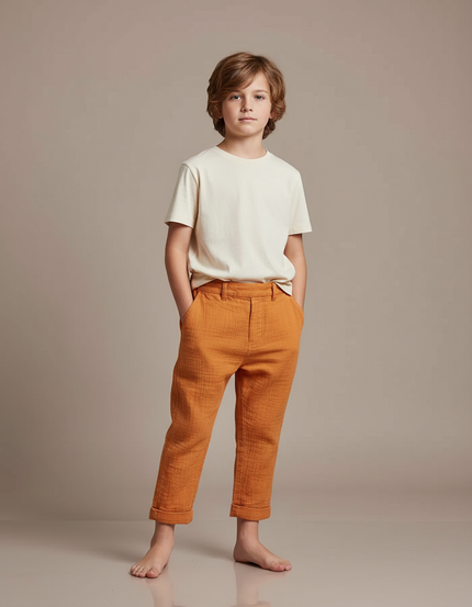 Pantalon Chino Orange Lin Plissé Enfant Décontracté