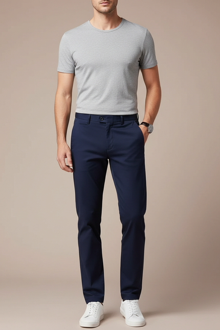 Pantalon Chino Bleu Marine Coton Stretch Homme Élégant