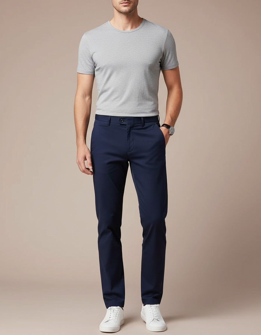 Pantalon Chino Bleu Marine Coton Stretch Homme Élégant