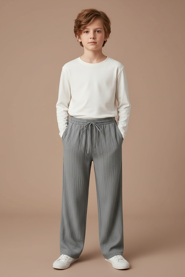 Pantalon Chino Gris Ample Texturé Enfant Décontracté - Lin