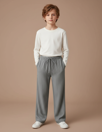 Pantalon Chino Gris Ample Texturé Enfant Décontracté - Lin