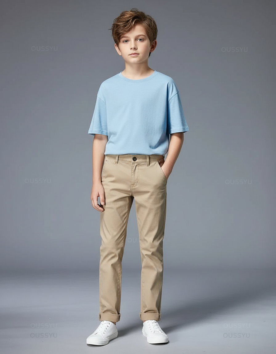 Pantalon Chino Beige Coton Slim Garçon Décontracté
