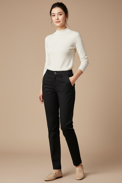 Pantalon Chino Noir Slim Femme Élastique Élégant Décontracté - Gabardine