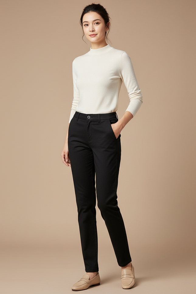 Pantalon Chino Noir Slim Femme Élastique Élégant Décontracté - Gabardine