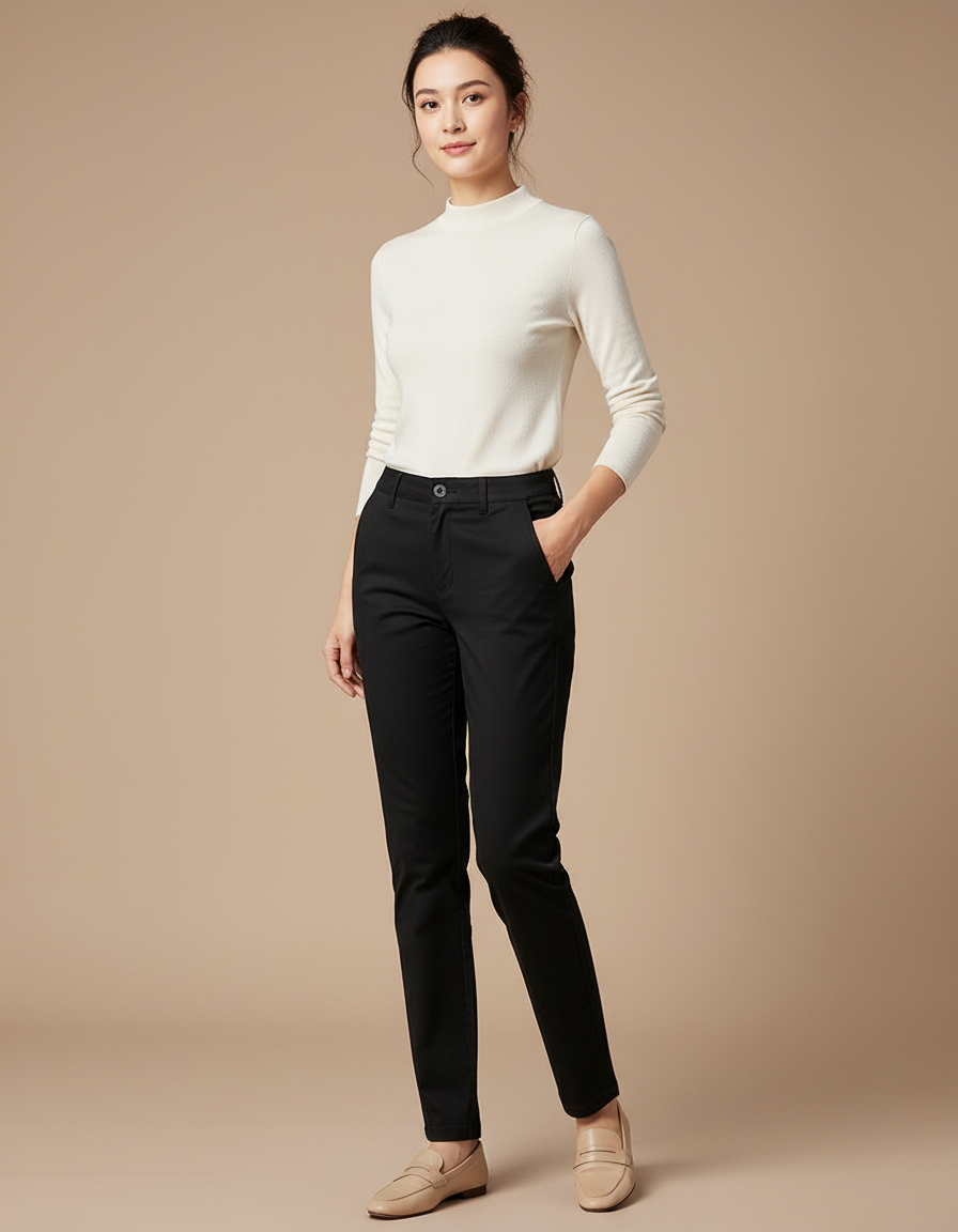 Pantalon Chino Noir Slim Femme Élastique Élégant Décontracté - Gabardine