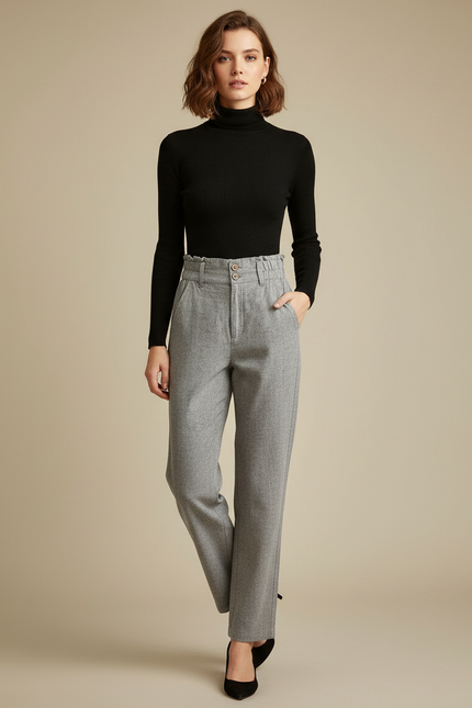 Pantalon Chino Gris Taille Haute Ample Décontracté Femme - Tweed