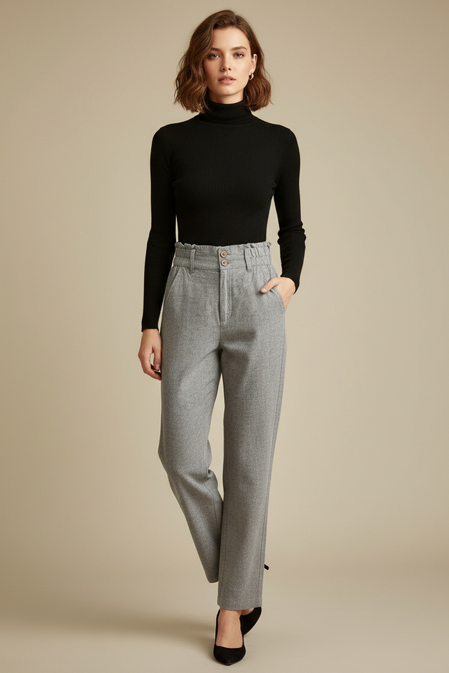 Pantalon Chino Gris Taille Haute Ample Décontracté Femme - Tweed