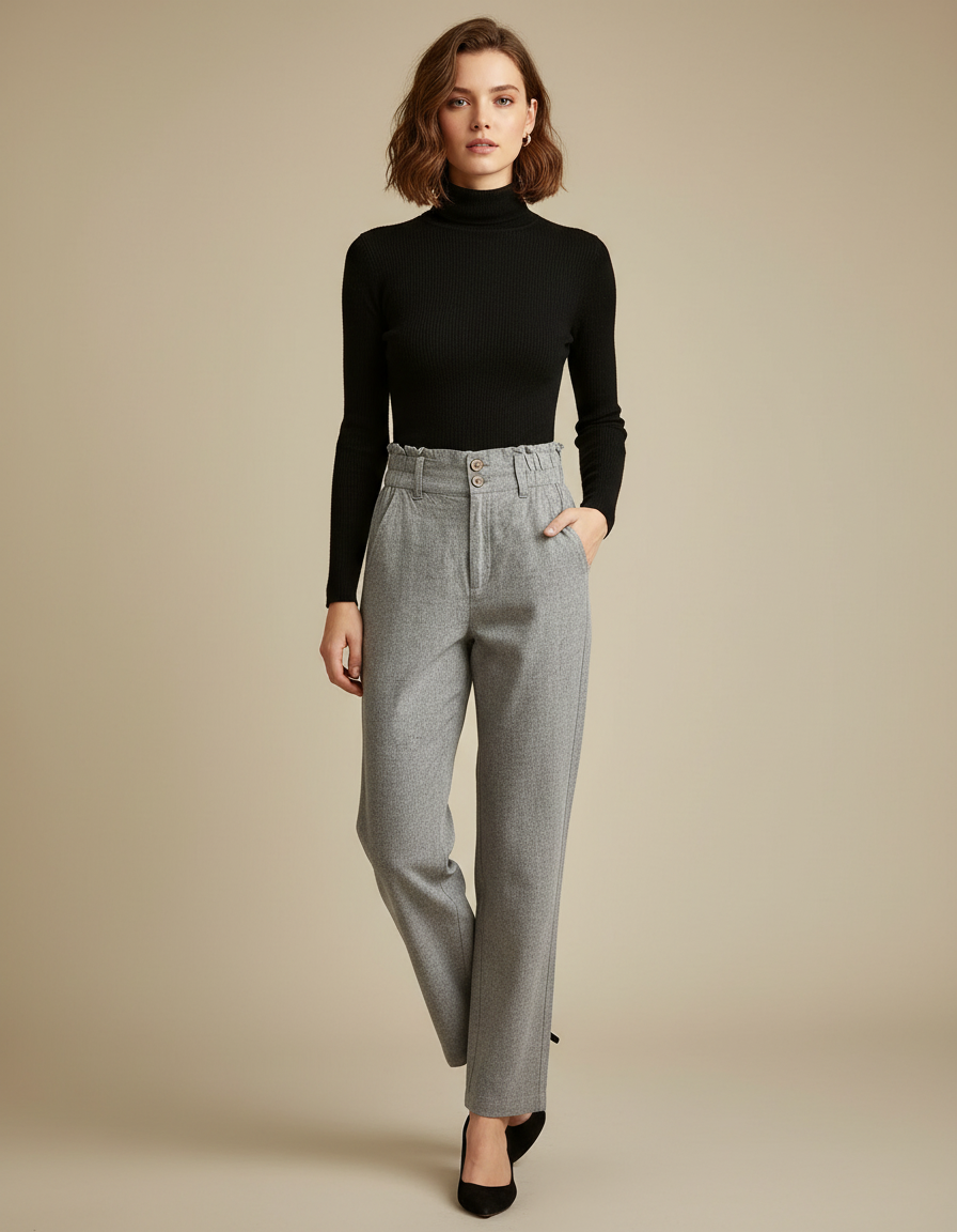 Pantalon Chino Gris Taille Haute Ample Décontracté Femme - Tweed
