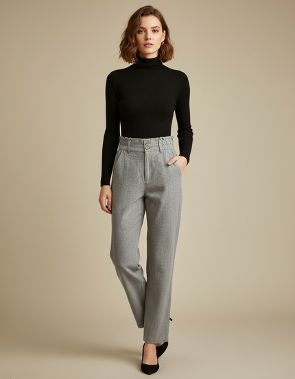 Pantalon Chino Gris Taille Haute Ample Décontracté Femme - Tweed