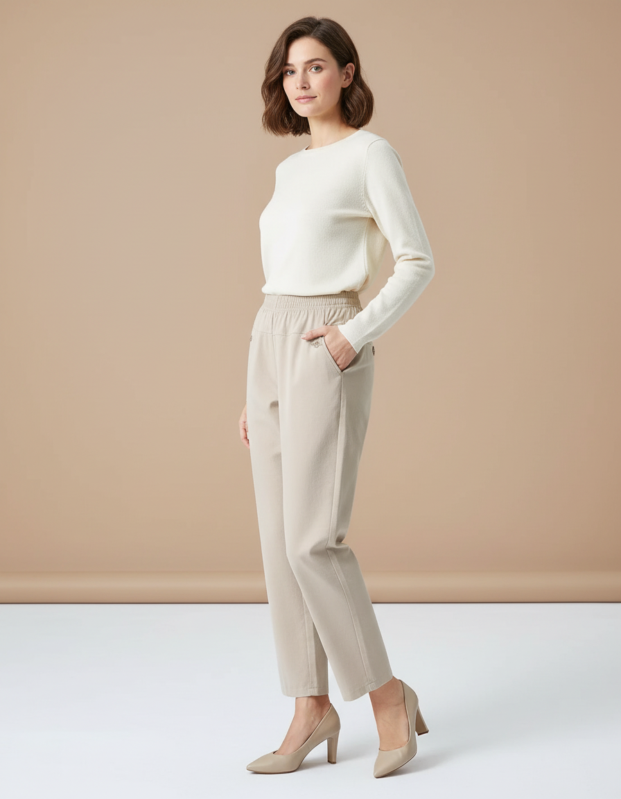 Pantalon Chino Beige Ample Taille Élastique Confortable - Gabardine