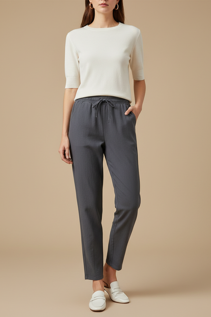 Pantalon Chino Gris Cordon Lin Décontracté Femme