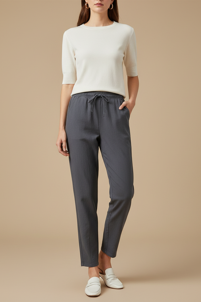 Pantalon Chino Gris Cordon Lin Décontracté Femme