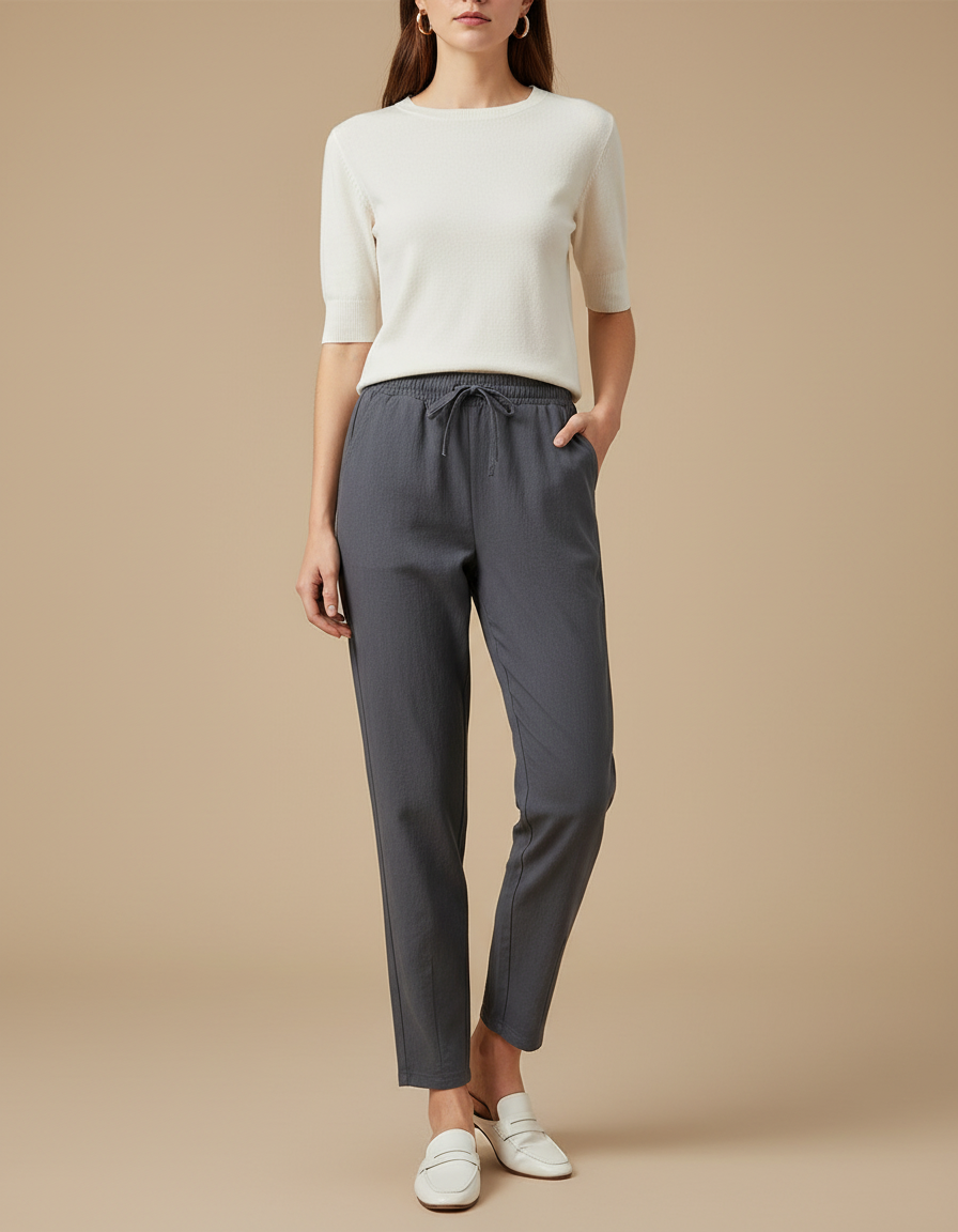 Pantalon Chino Gris Cordon Lin Décontracté Femme