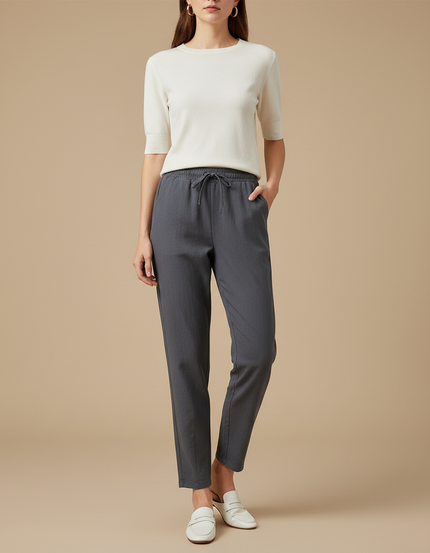 Pantalon Chino Gris Cordon Lin Décontracté Femme