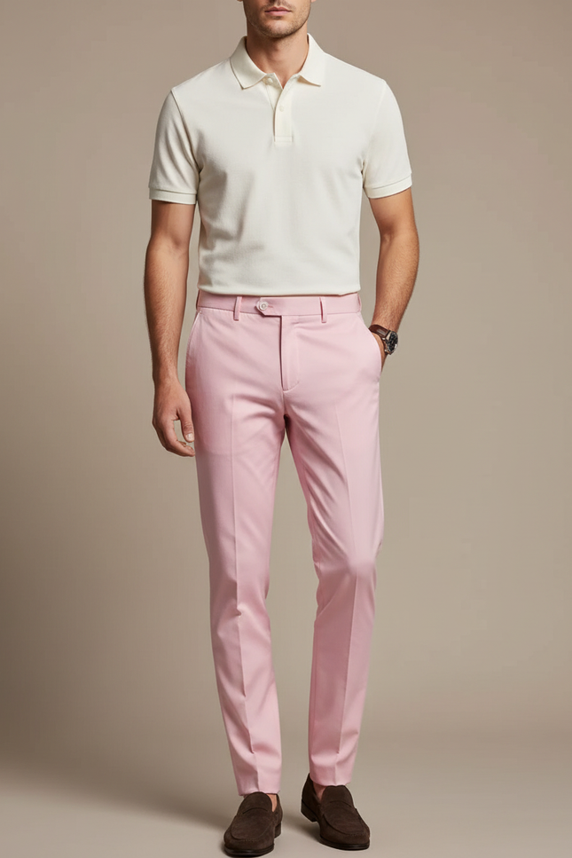 Pantalon Chino Rose Homme Slim Élégant Coton