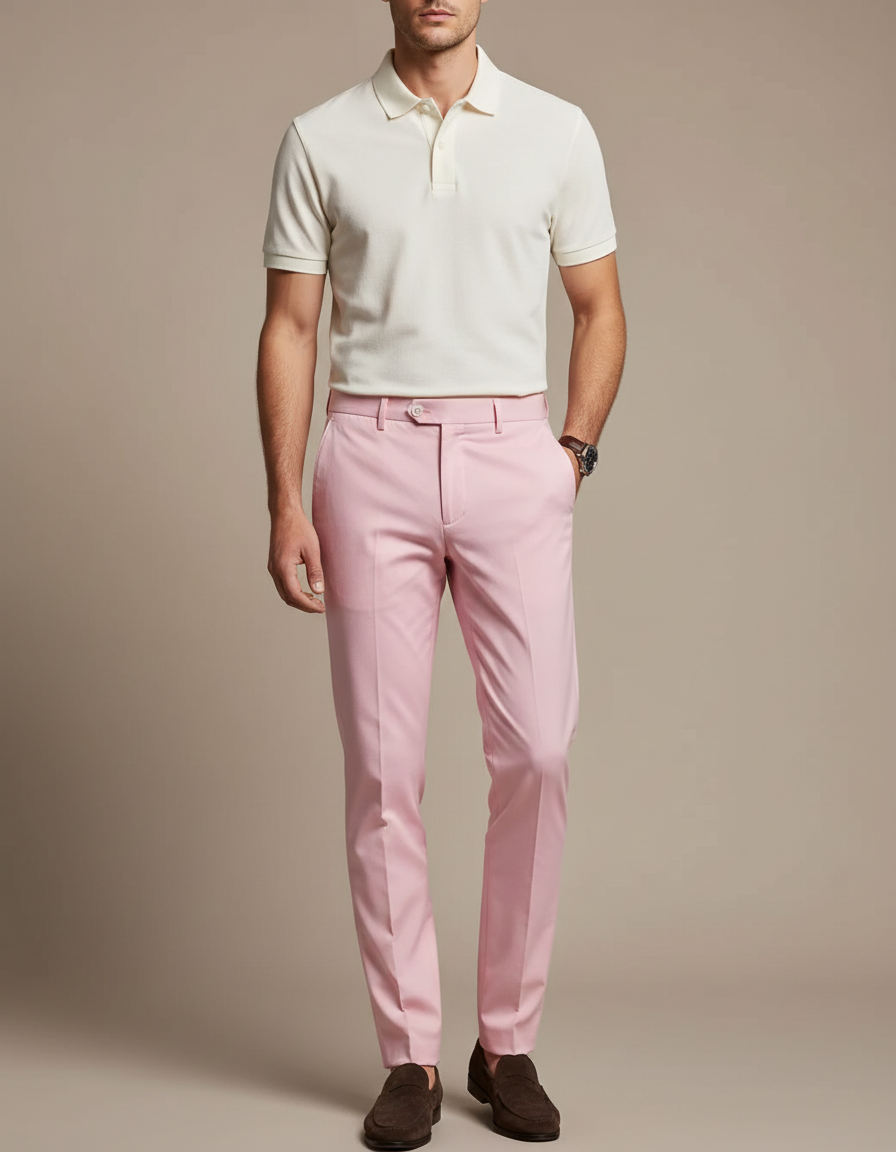 Pantalon Chino Rose Homme Slim Élégant Coton