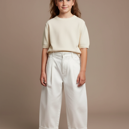 Pantalon Chino Écru Coton Ample Décontracté Enfant - Blanc Toile