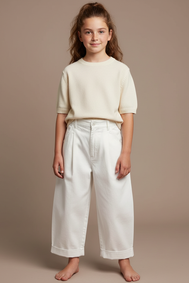 Pantalon Chino Écru Coton Ample Décontracté Enfant - Blanc Toile