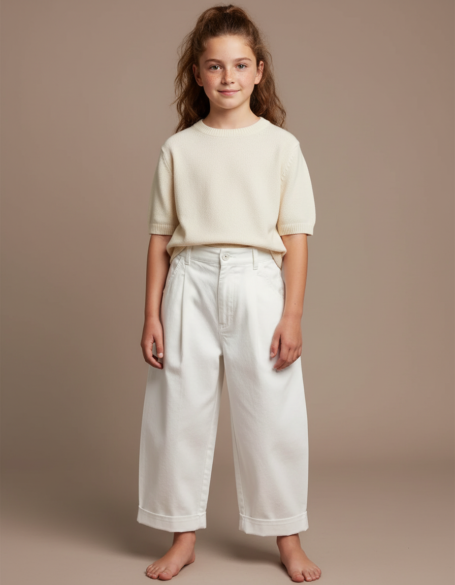 Pantalon Chino Écru Coton Ample Décontracté Enfant - Blanc Toile