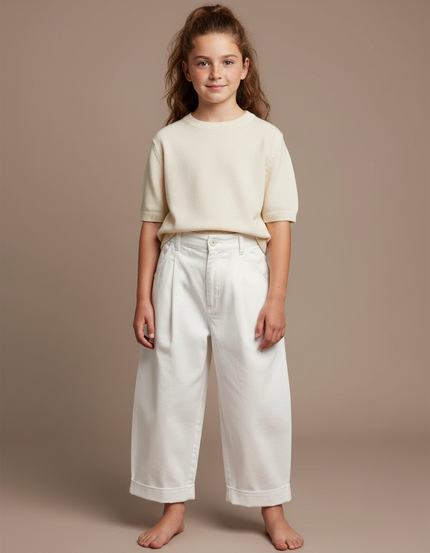 Pantalon Chino Écru Coton Ample Décontracté Enfant - Blanc Toile