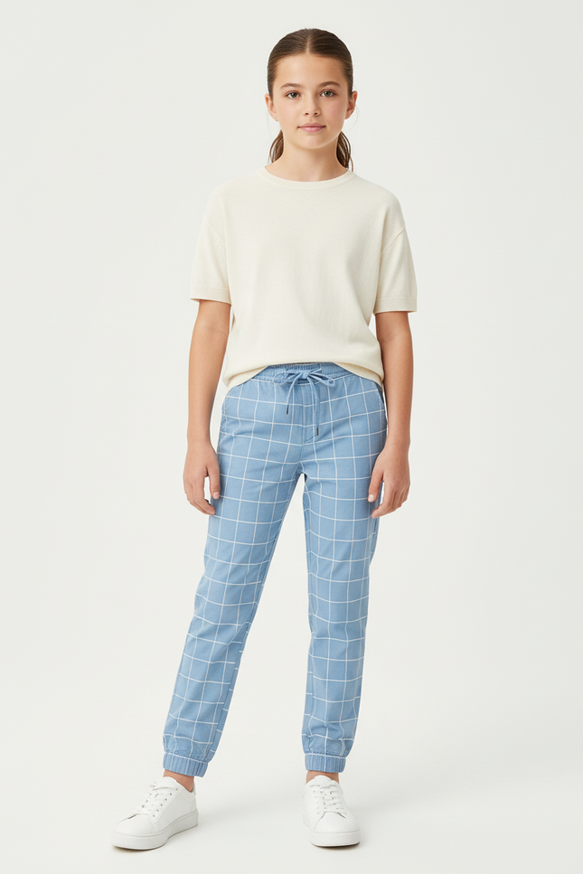 Pantalon Chino Bleu Carreaux Blancs Décontracté Fille - Gabardine