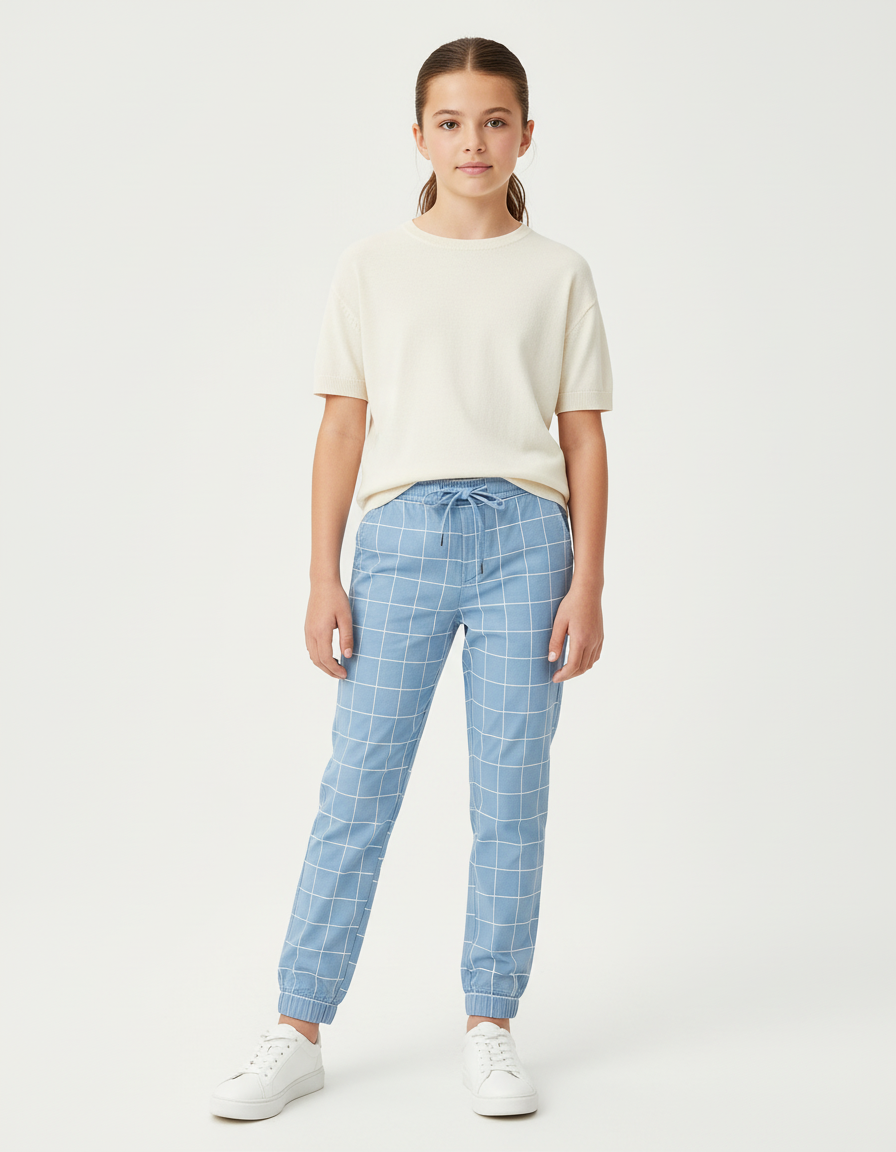 Pantalon Chino Bleu Carreaux Blancs Décontracté Fille - Gabardine