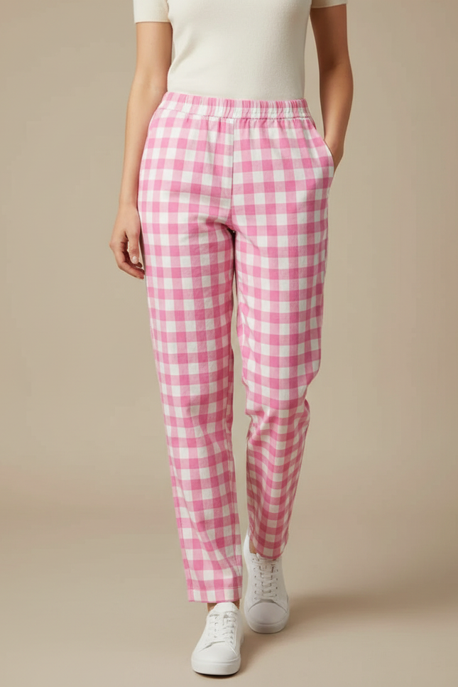 Pantalon Chino Rose Carreaux Décontracté Ample Coton