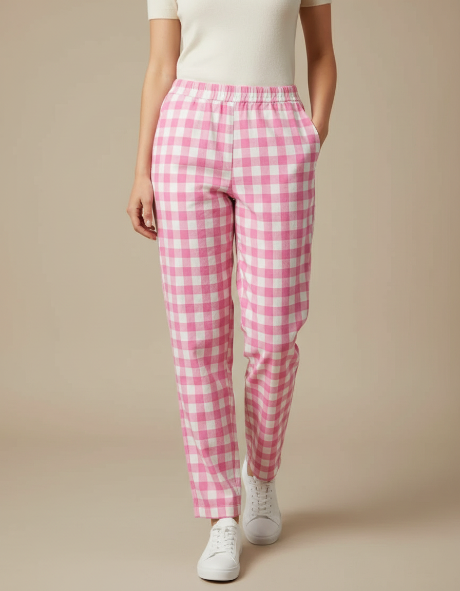 Pantalon Chino Rose Carreaux Décontracté Ample Coton