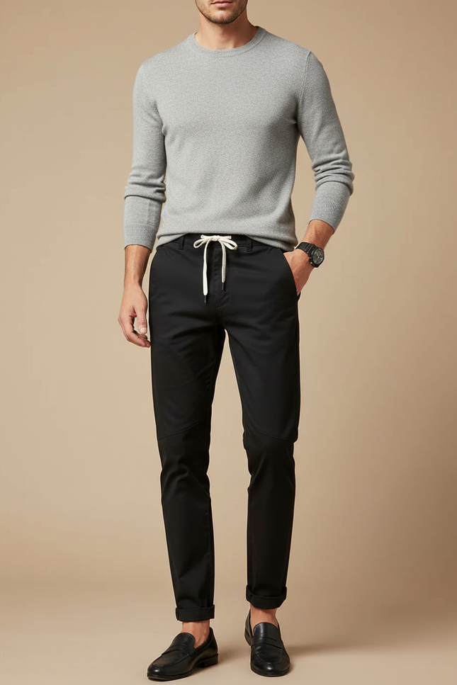 Pantalon Chino Noir Slim Coton Cordon Décontracté