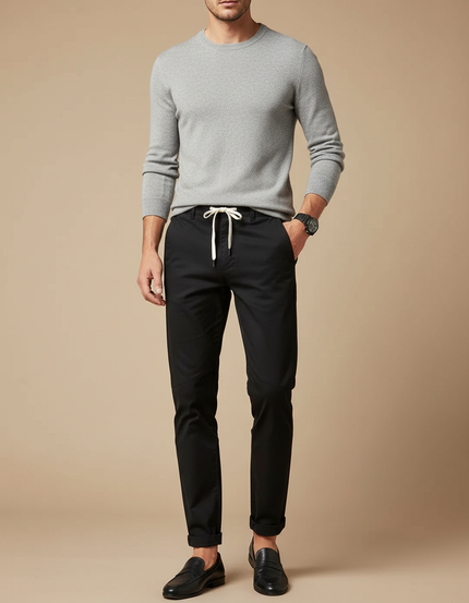 Pantalon Chino Noir Slim Coton Cordon Décontracté