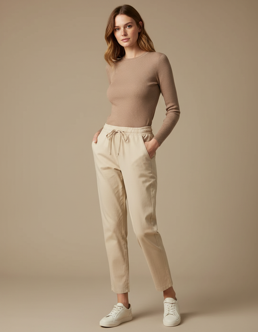 Pantalon Chino Beige Coton Décontracté Coupe Droite - Gabardine