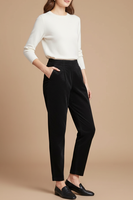 Pantalon Chino Noir Côtelé Coupe Droite Femme - Cordé