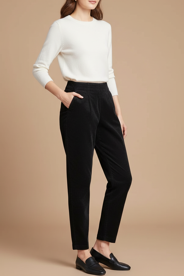 Pantalon Chino Noir Côtelé Coupe Droite Femme - Cordé