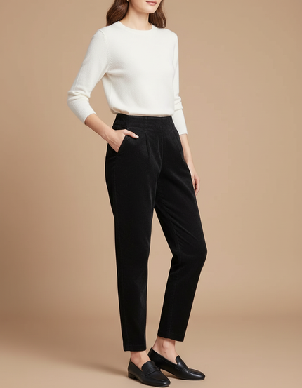 Pantalon Chino Noir Côtelé Coupe Droite Femme - Cordé