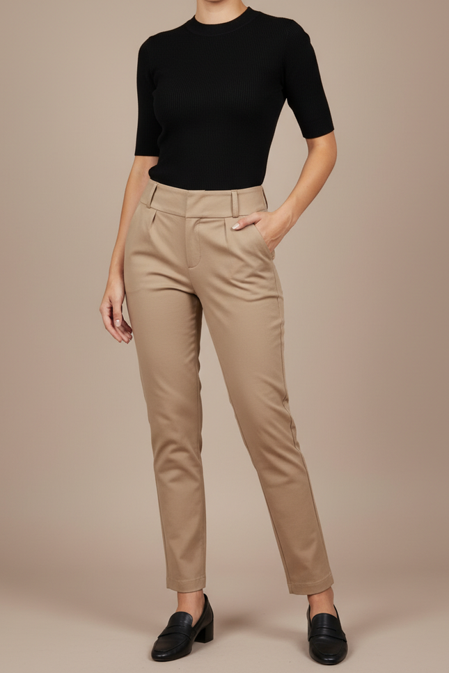 Pantalon Chino Beige Taille Haute Plissé Femme - Gabardine