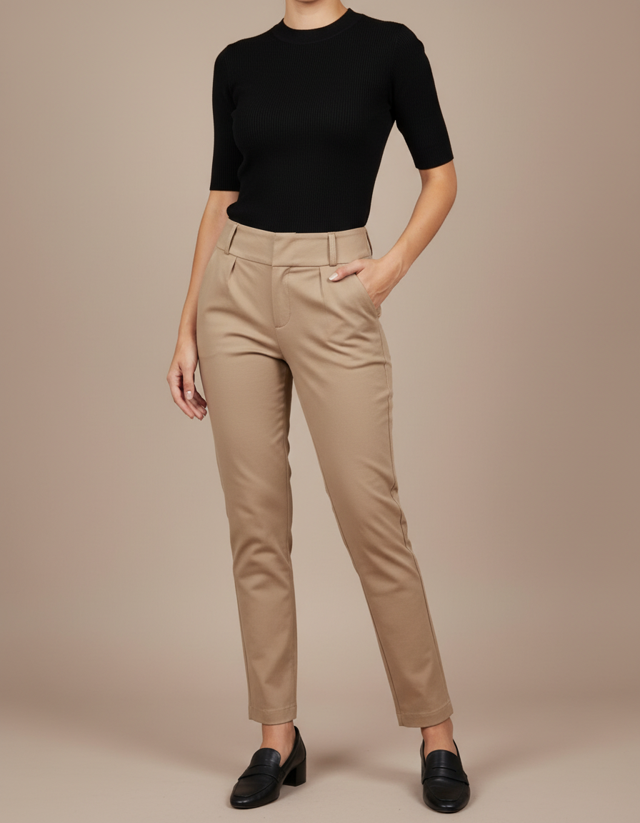 Pantalon Chino Beige Taille Haute Plissé Femme - Gabardine