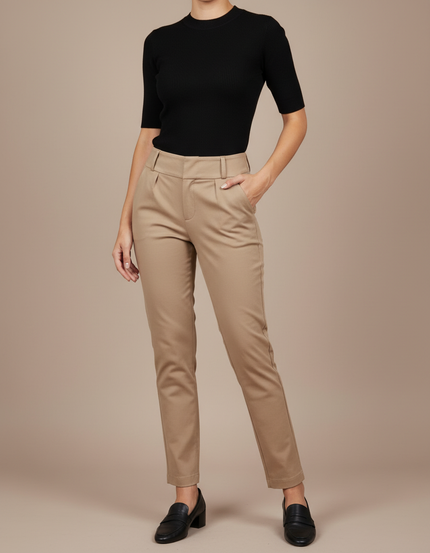 Pantalon Chino Beige Taille Haute Plissé Femme - Gabardine
