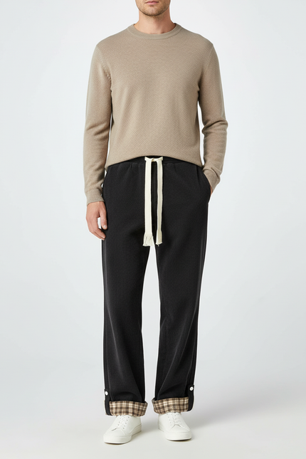 Pantalon Chino Noir Côtelé Ample Cordon Plaid Homme - Cordé