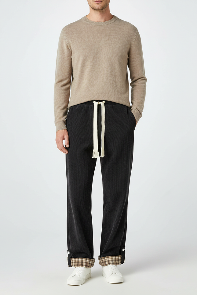 Pantalon Chino Noir Côtelé Ample Cordon Plaid Homme - Cordé