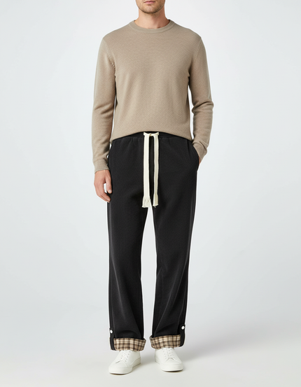 Pantalon Chino Noir Côtelé Ample Cordon Plaid Homme - Cordé