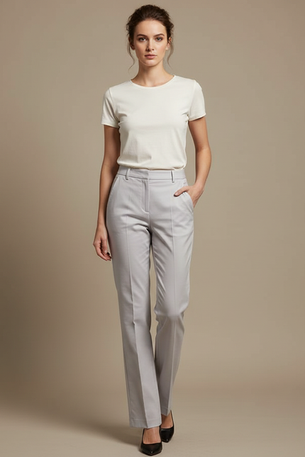 Pantalon Chino Gris Clair Droit Élégant Femme Classique - Polyester