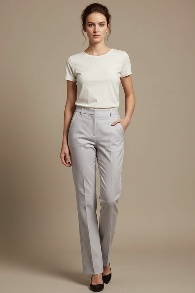 Pantalon Chino Gris Clair Droit Élégant Femme Classique - Polyester