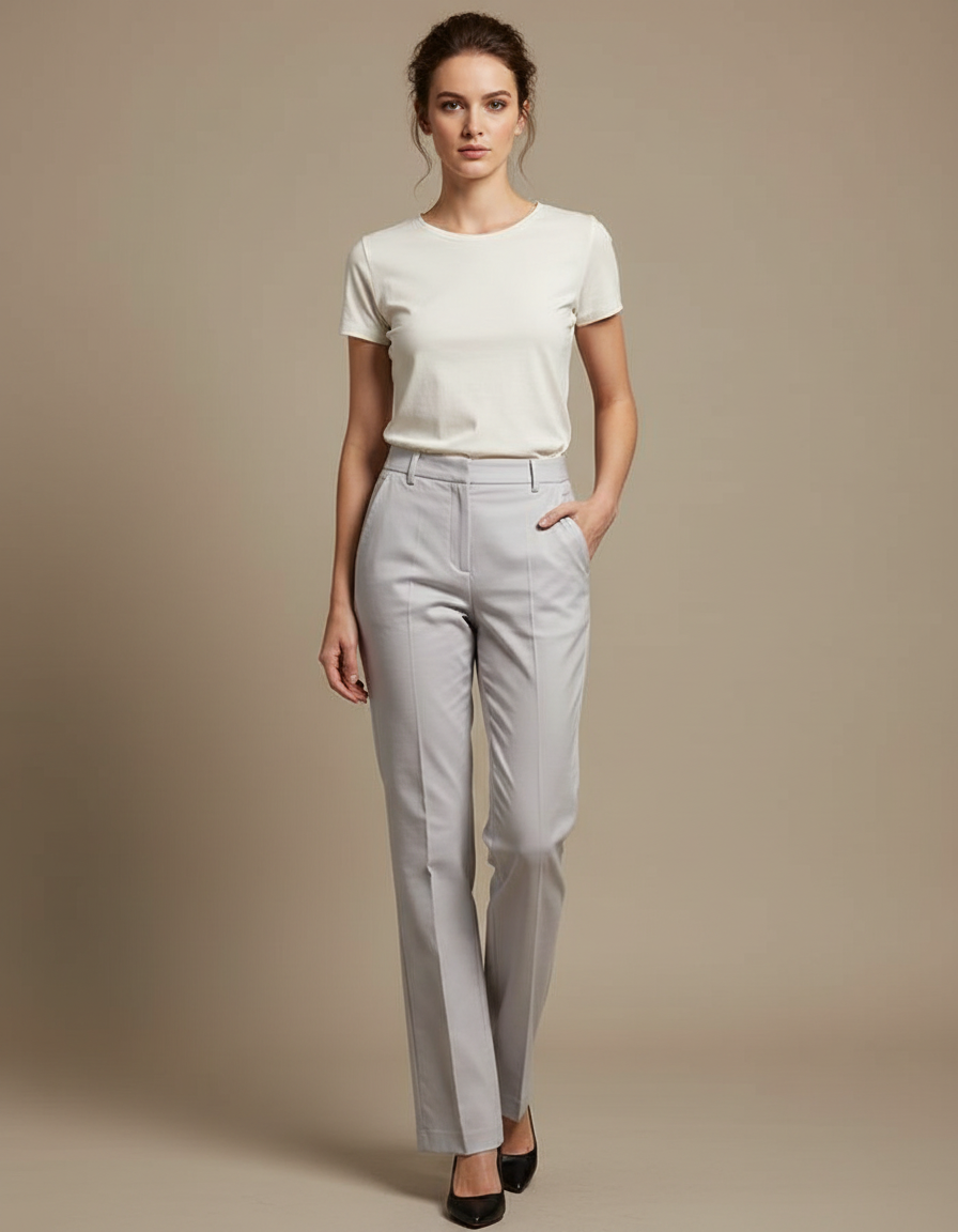 Pantalon Chino Gris Clair Droit Élégant Femme Classique - Polyester