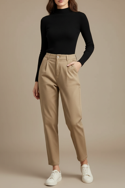 Pantalon Chino Beige Plissé Taille Haute Femme Décontracté - Gabardine