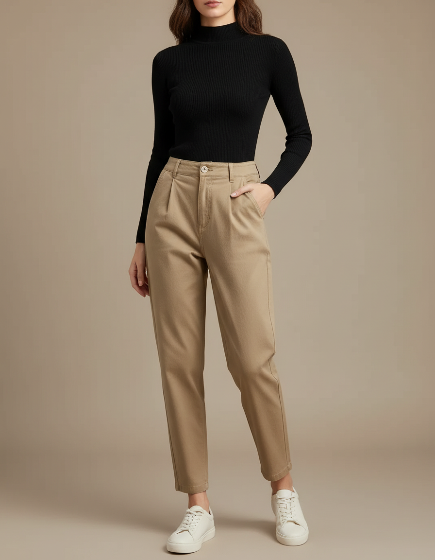 Pantalon Chino Beige Plissé Taille Haute Femme Décontracté - Gabardine