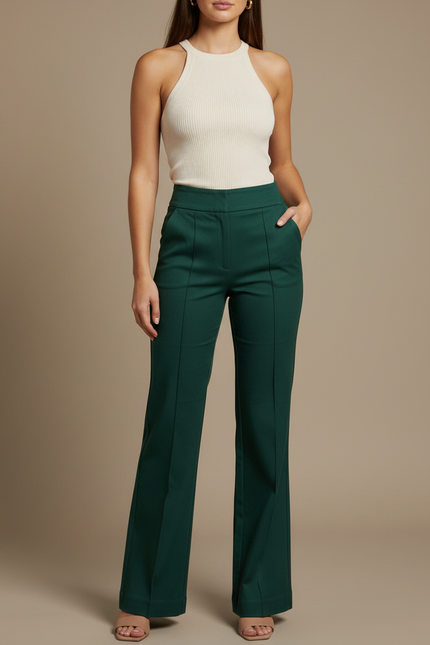 Pantalon Chino Vert Émeraude Évasé Taille Haute Élégant - Gabardine