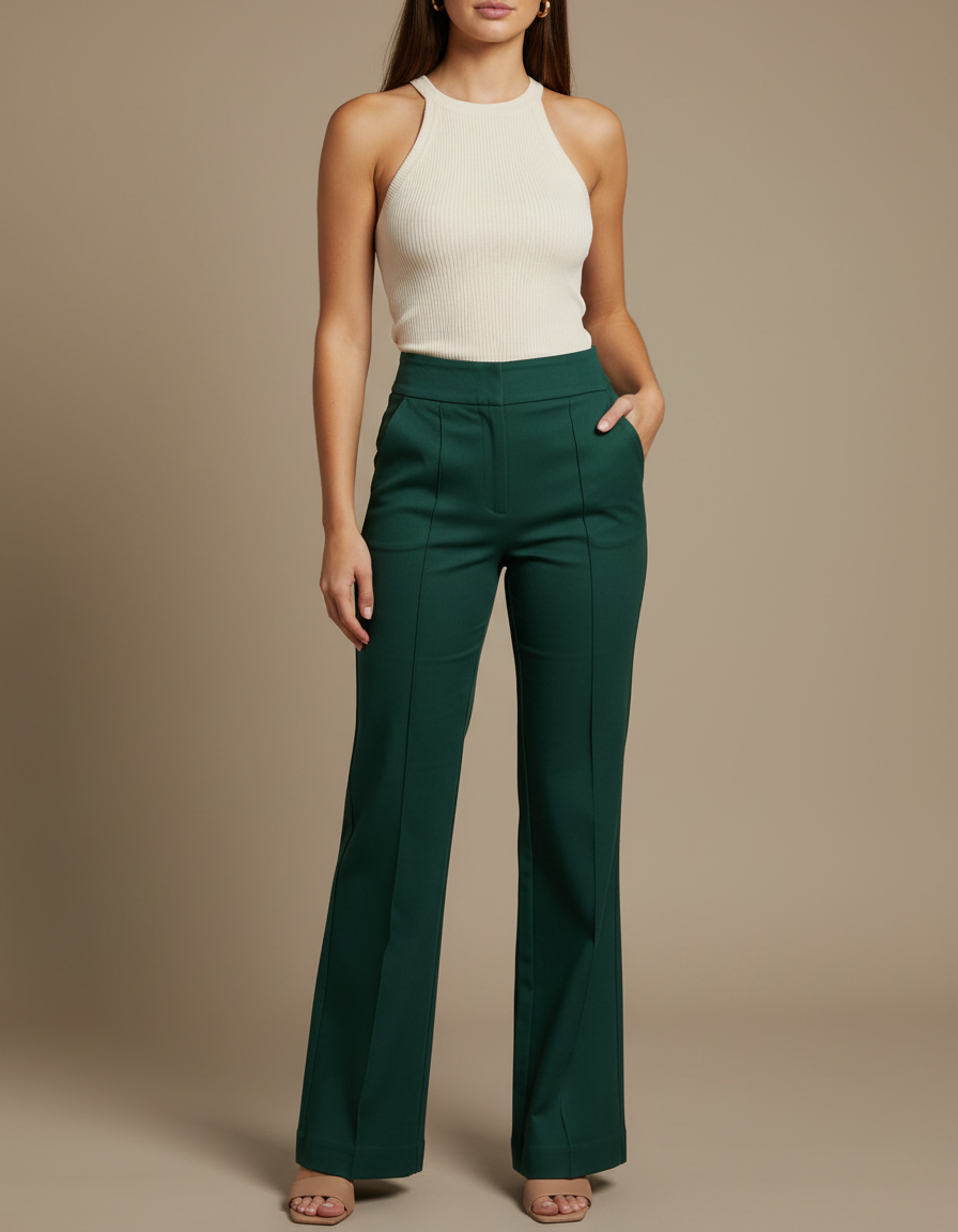 Pantalon Chino Vert Émeraude Évasé Taille Haute Élégant - Gabardine