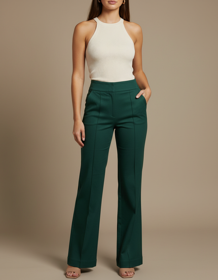 Pantalon Chino Vert Émeraude Évasé Taille Haute Élégant - Gabardine