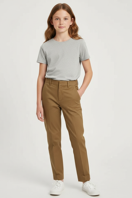 Pantalon Chino Marron Droit Taille Haute Décontracté - Gabardine