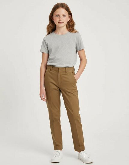 Pantalon Chino Marron Droit Taille Haute Décontracté - Gabardine